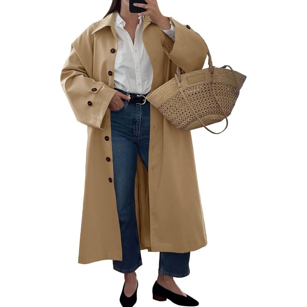 Women Khaki 1 Long Trench Coat Single Breasted Oversized Windproof Fall Overcoat - Picture 2 of 5